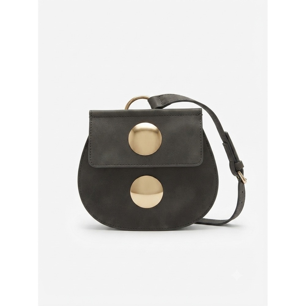 Olive Green Faux Leather Saddle Crossbody Bag Gold Disc Hardware Minimalist Gray